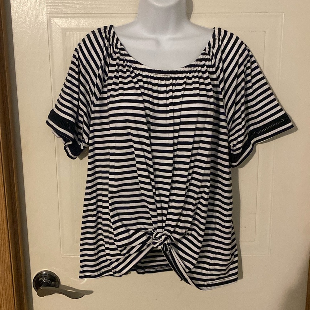 Michael Kors Black and White Striped Knot-Front Blouse